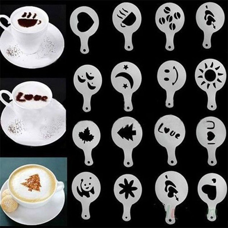 16pcs / set Cetakan Stensil Template Kopi Cappuccino Latte Untuk Dekorasi Kue