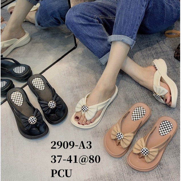 Sandal Jepit Wedges Wanita Slipper PCU Karet Import Flip Flop Pita Kain Bear &amp; Pita Catur Winola Collection WNL-2909-A2 / 2909-A3