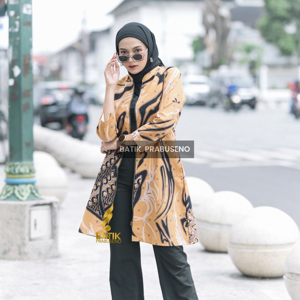 Atasan Tradisional Batik Prabuseno Original Motif DIVA KUNING Tunik Batik Wanita Lengan Panjang Mode