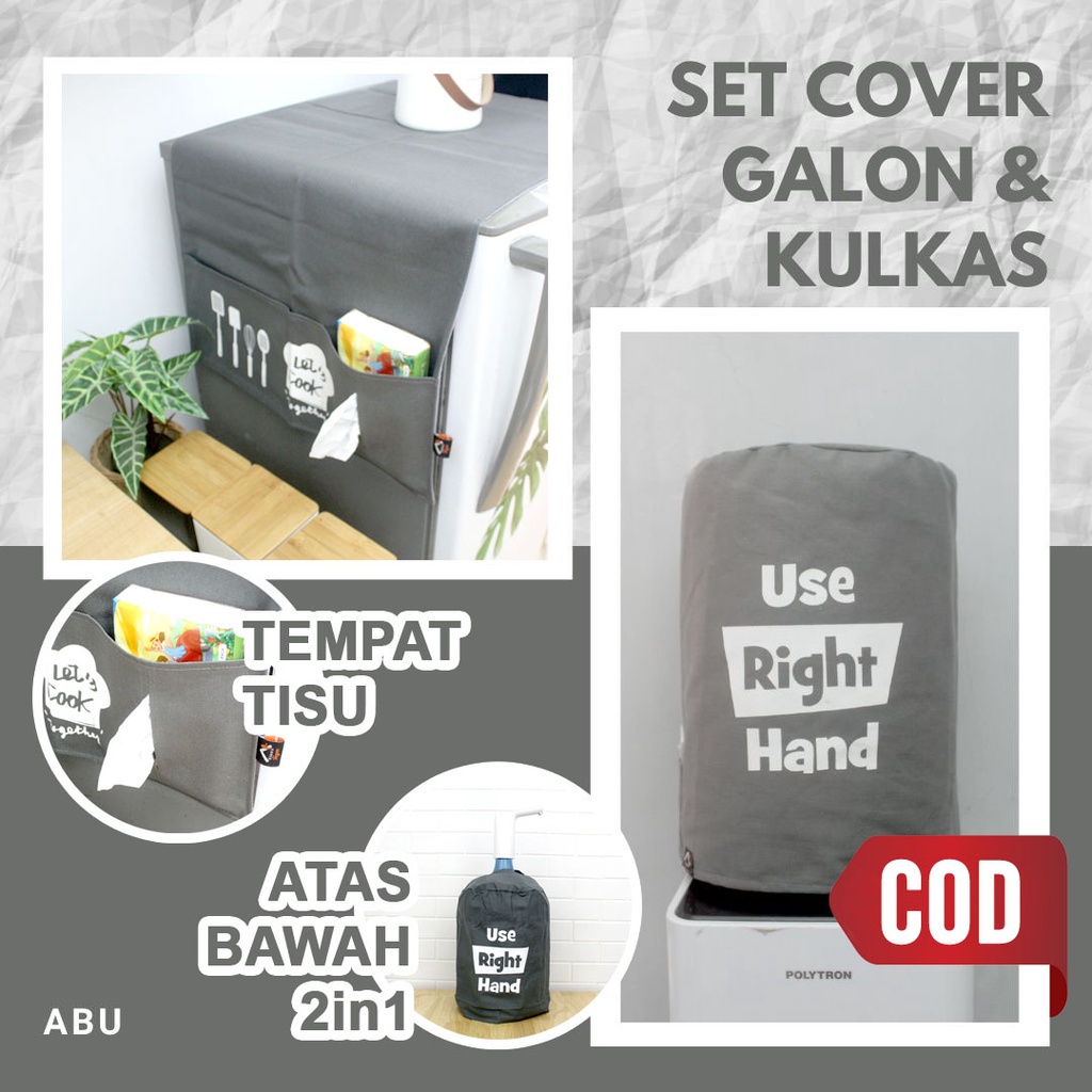 PAKET LEBIH MURAH - Cover Galon &amp; Cover Kulkas Warna Abu (Paket Polos-05)