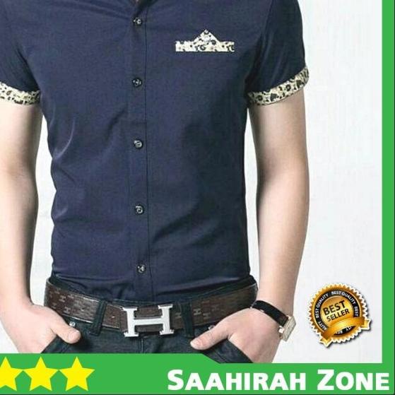 Kemeja Pria Lengan Pendek Kombinasi batik Slim Fit Katun Trmurah Tebal