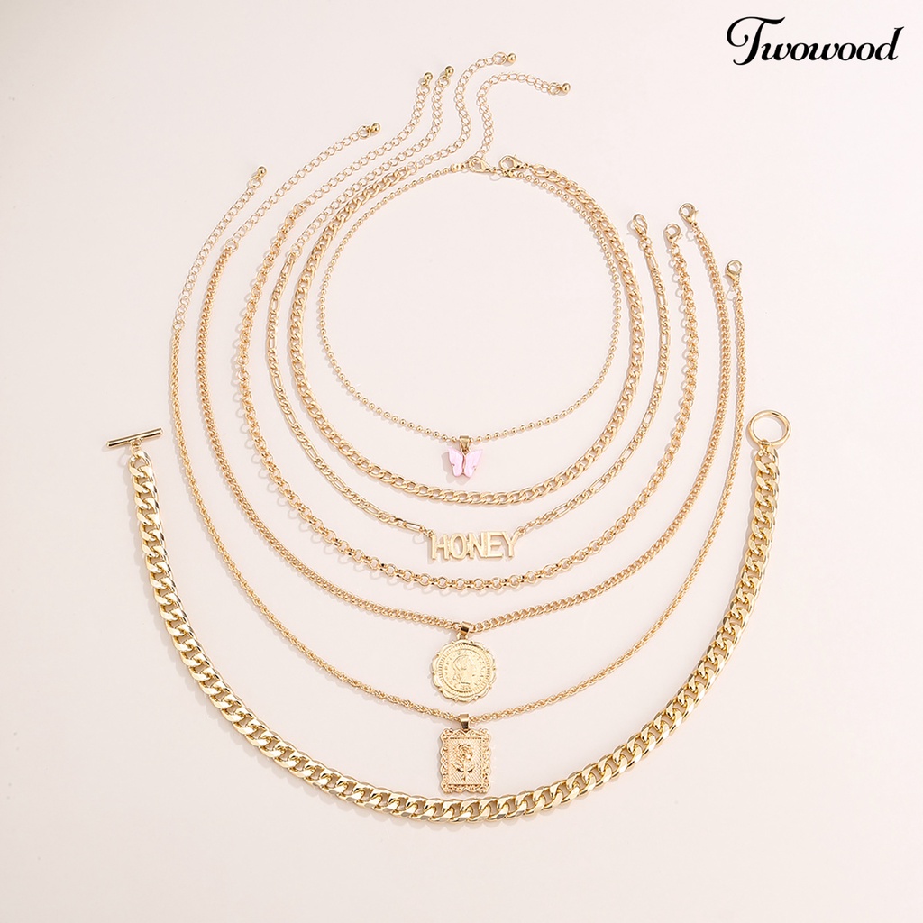 7 Pcs Kalung Multilayer Model Kupu-Kupu Gaya Retro Untuk Wanita