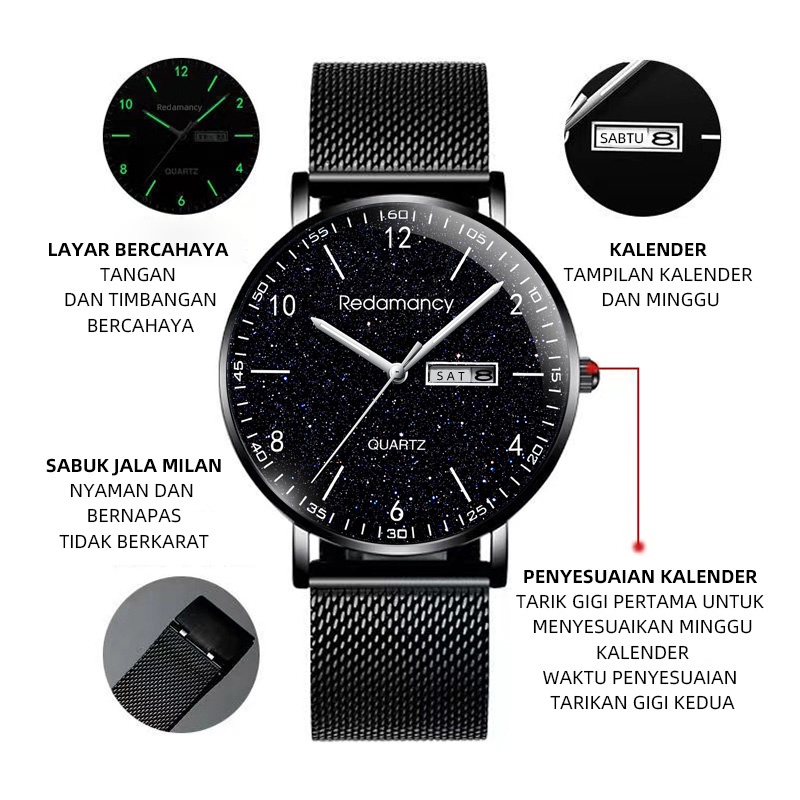 Redamancy Original Jam Tangan Pria Kasual Modis Watch Anti Air Kuarsa Sabuk baja