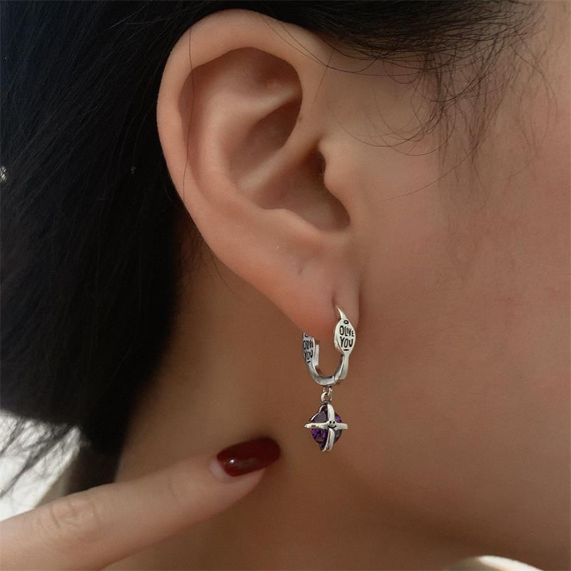 Anting Gantung Panjang Tusuk Gaya Vintage Korea Motif Geometri Aksen Zircon Ungu Untuk Perhiasan Wanita