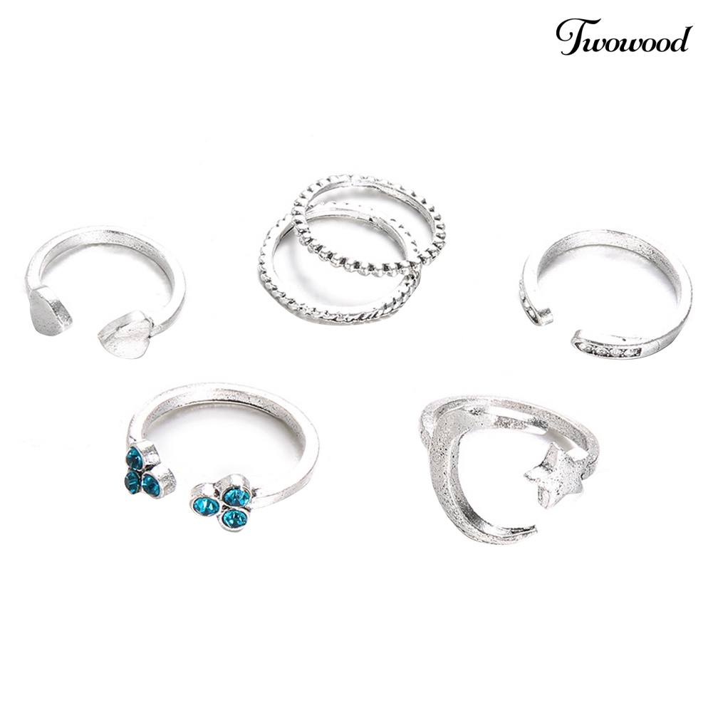 6pcs / Set Cincin Buku Jari Model Terbuka Desain Bulan Bintang Hati Untuk Wanita