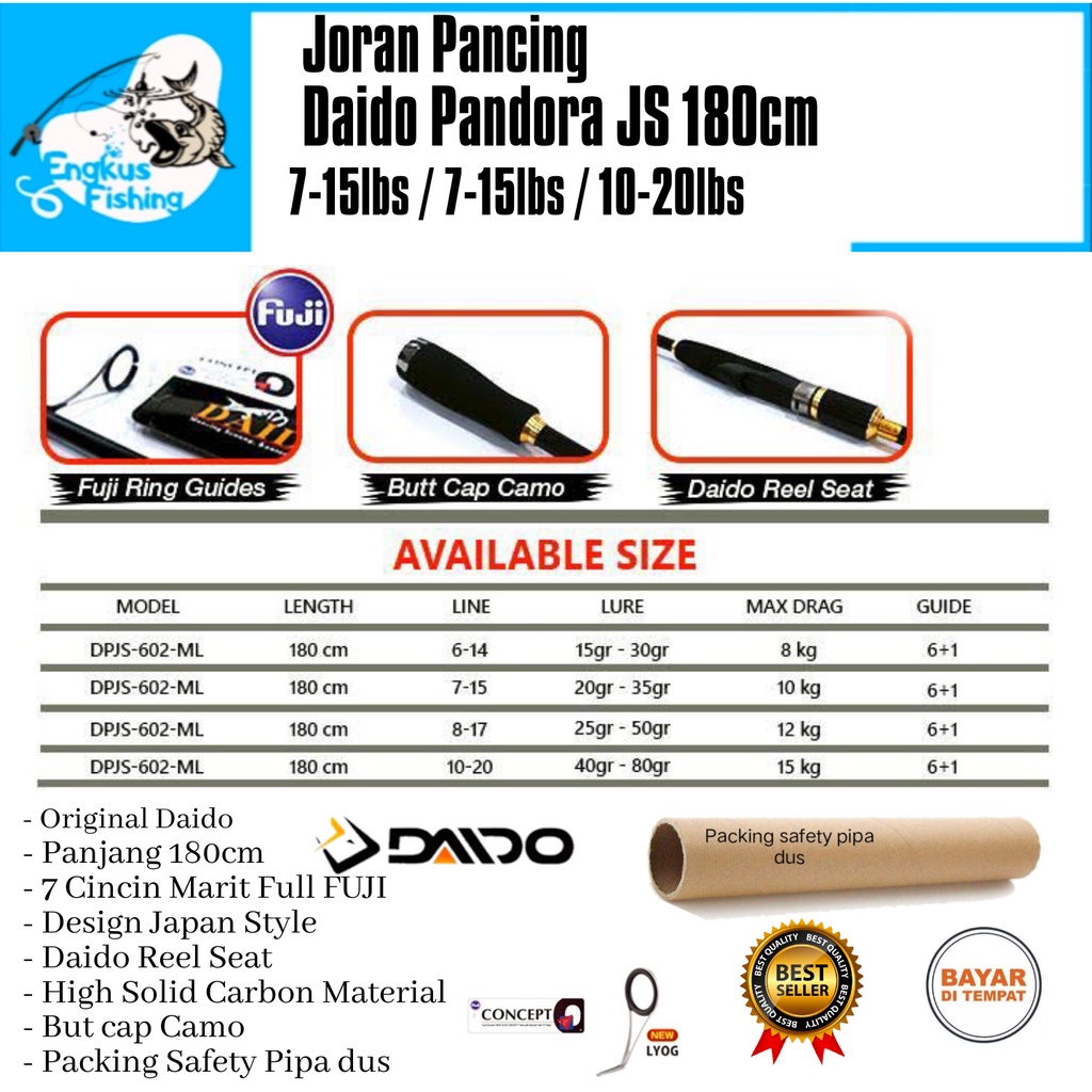 Joran Pancing Daido Pandora JS 180cm Full Fuji (10kg,12kg &amp;15kg) Japan Style Murah - Engkus Fishing