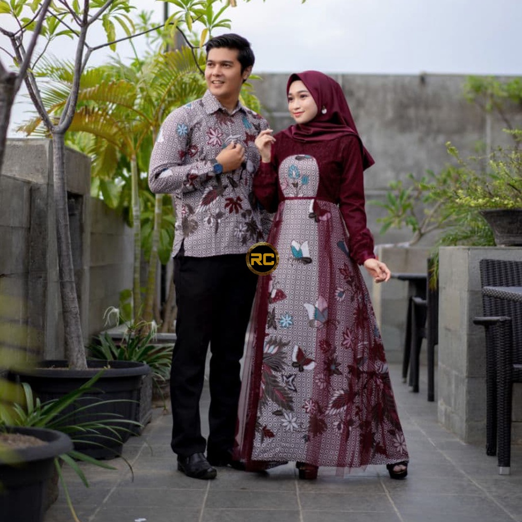 Gamis Kombinasi 5840 Couple Gamis Batik Kombinasi Brokat Tille Maroon
