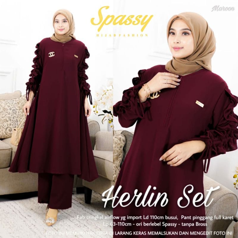 Setelan Wanita Terbaru Herlin Set Baju Putih Long Tunik Muslim Celana Panjang One Set Wanita Kekinian Matt Cringkle AirFlow