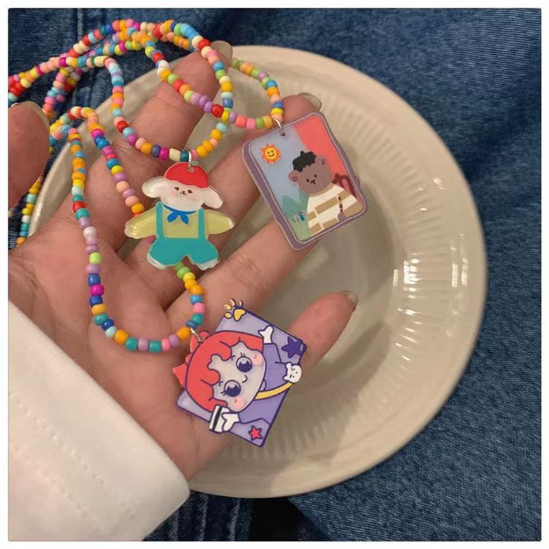 Kalung Manik-Manik Handmade Dengan Liontin Kartun Beruang Kecil Warna-Warni Untuk Wanita