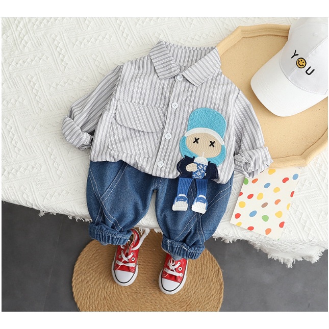 Baju Setelan Anak Cowok Lengan Panjang Impor PREMIUM QUALITY- MATA SILANG KEMEJA + JEANS