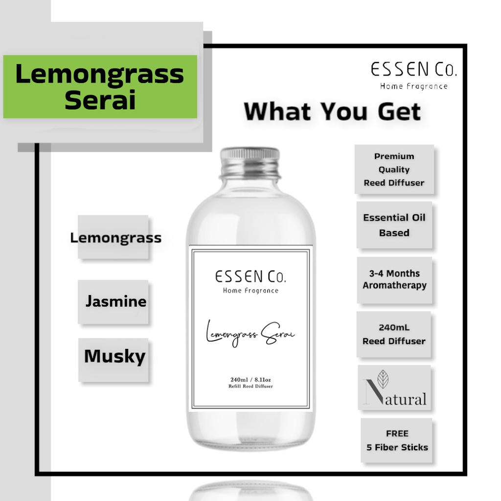 Essen Co Reed Diffuser Lemongrass Serai Aromatherapy Pengharum Pewangi Ruangan Aromaterapi Sereh Refill 240ml