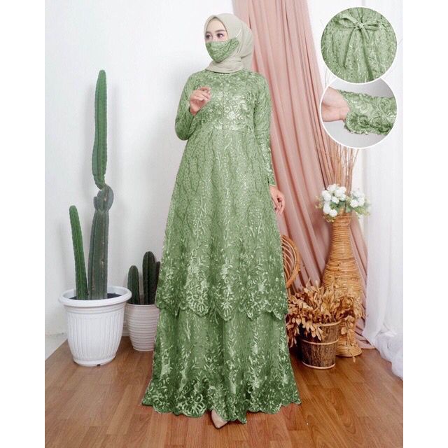 DAVINA (NEW PRODUCT) Free Masker/ Gamis Brukat Full/ Fashion Muslim Wanita/ Dress Busui / Gamis Layer Tingkat / Pesta Kondangan JUMBO XXXL