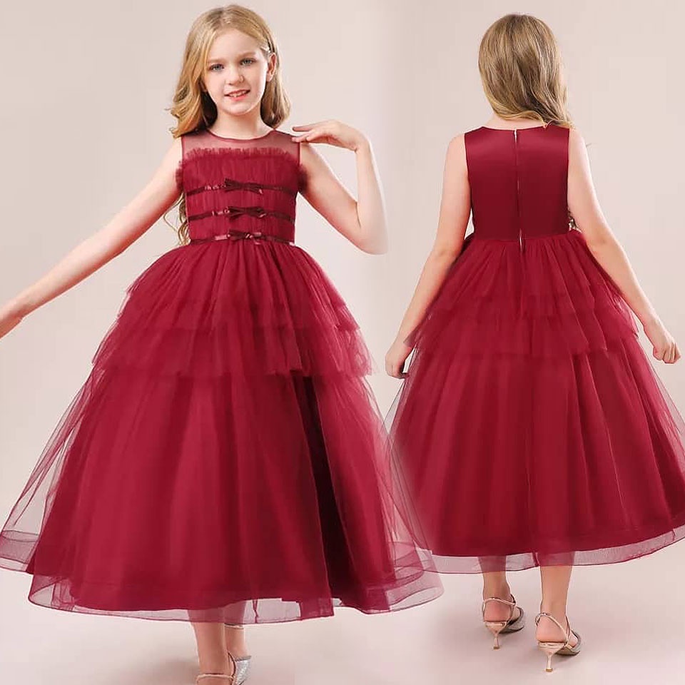 Dress Anak Perempuan Import PREMIUM Ribbon Ball gown MAROON