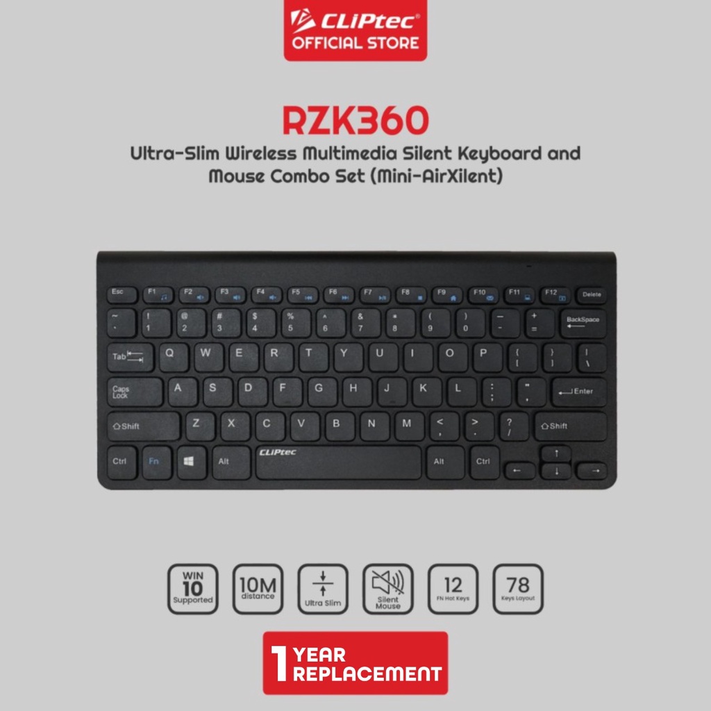 Keyboard Mouse CLIPtec RZK360 Wireless Silent Ultra Slim 1600DPI
