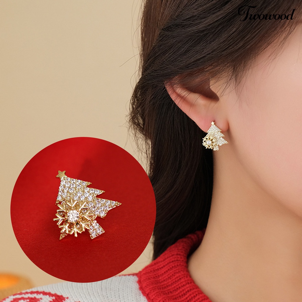 1 Pasang Anting Stud Berlian Imitasi Bentuk Snowflake Pohon Natal Untuk Wanita