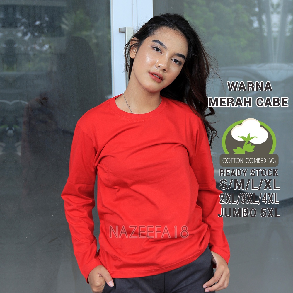 TERBAIK Pabrik Kaos Polos Wanita Lengan Panjang Bahan Katun Combed 30s Lembut Adem Merah Cabe