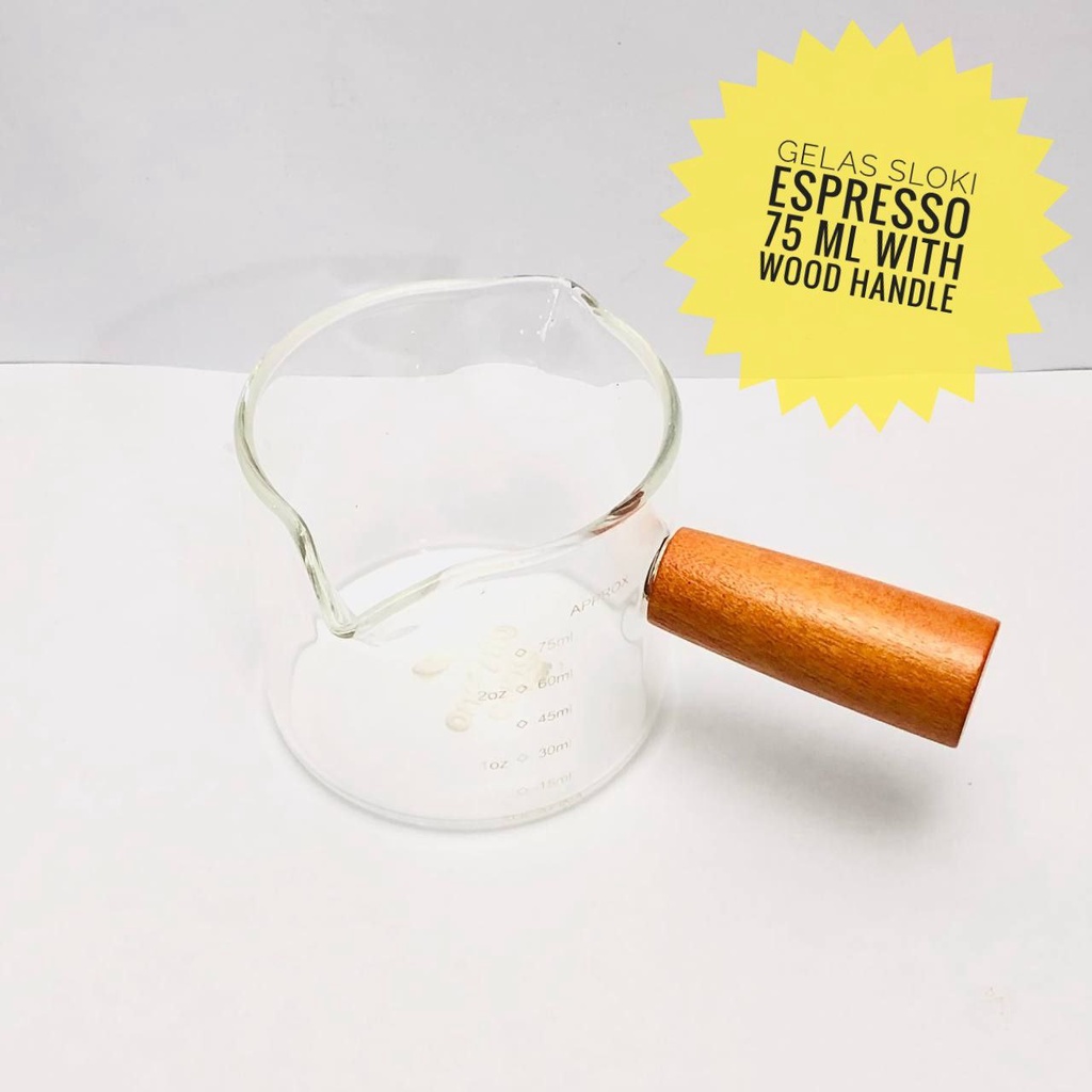 Jual Gelas Ukur Kaca Sloki Espreso Gagang Kayu 75 ml Espresso Coffee
