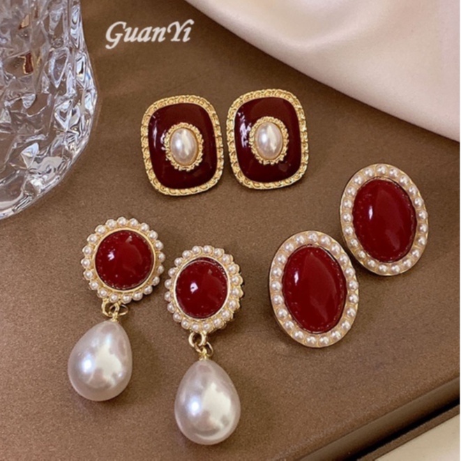 3pcs Anting Stud 925 Silver Aksen Mutiara Warna Merah Gaya Vintage Korea Untuk Wanita