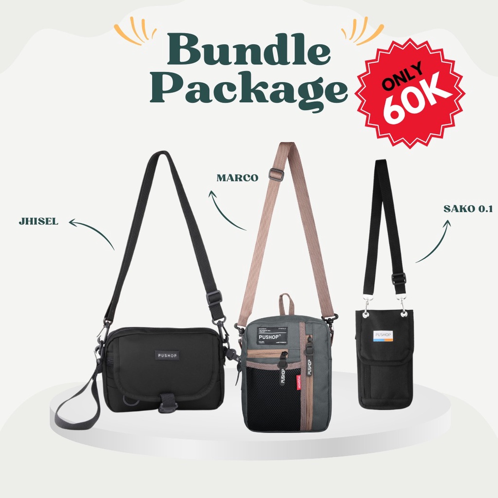 Paket Bundling Tas Selempang Slingbag Pria &amp; Wanita Pushop Authentic 60k Get 3 Pcs SLGT60K-01