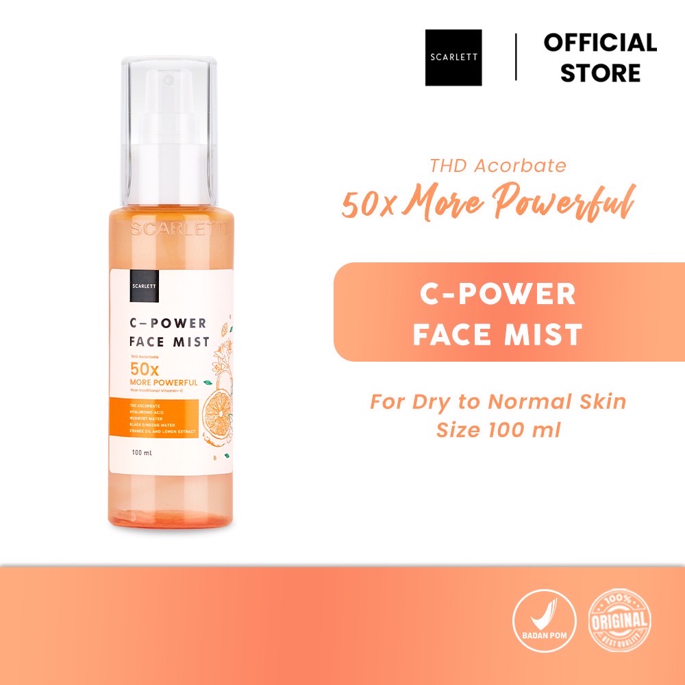 SCARLETT Whitening C-Power Face Mist Indonesia / Pelembab Wajah 100ml / 50X More Powerful Than Traditional Vitamin C / Brightening / Mencerahkan Kulit / Skincare Care / Perawatan Wajah / Paket Combo Series Facial Wash Toner Serum Mistry Cream Moisturizer