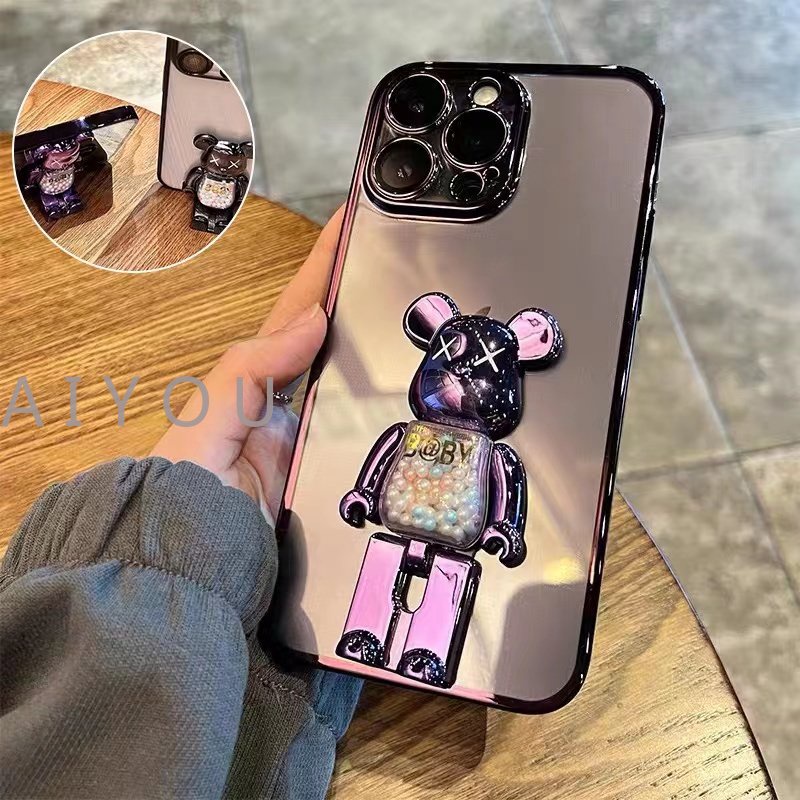 Hard Case Silikon TPU Transparan Electroplated Dengan Stand Beruang Untuk iPhone 14 Pro Max 13 12 Pro Max 14 Plus XR XSMAX 7 8 Plus