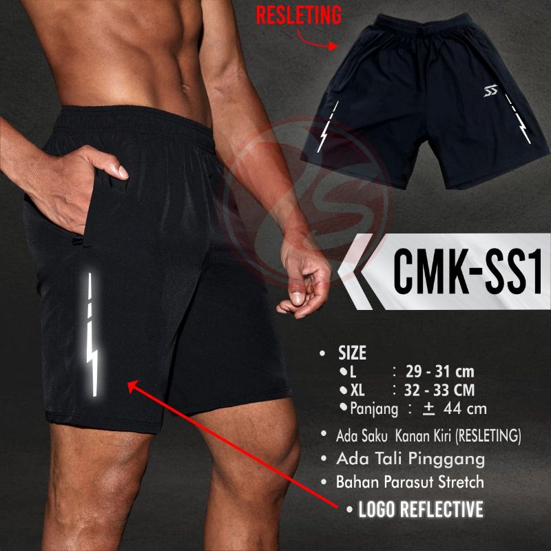 Training pendek parasut motif reflective celana pendek hitam bahan parasut despo strit