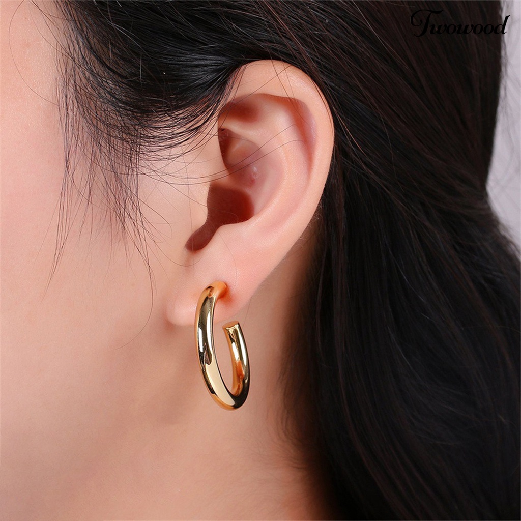 1 Pasang Anting Hoop Bentuk C Geometris Bahan Tembaga Lapis Emas Hypoallergenic