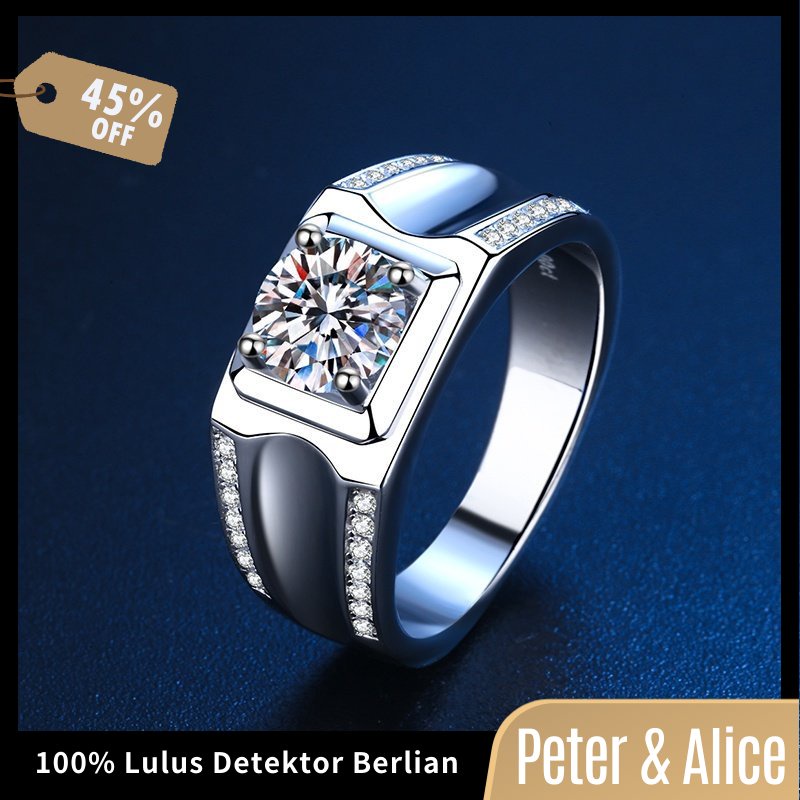 Peter & Alice Cincin Pertunangan Pria 1 Ct Moissanite,925 Platina Berlapis Perak
