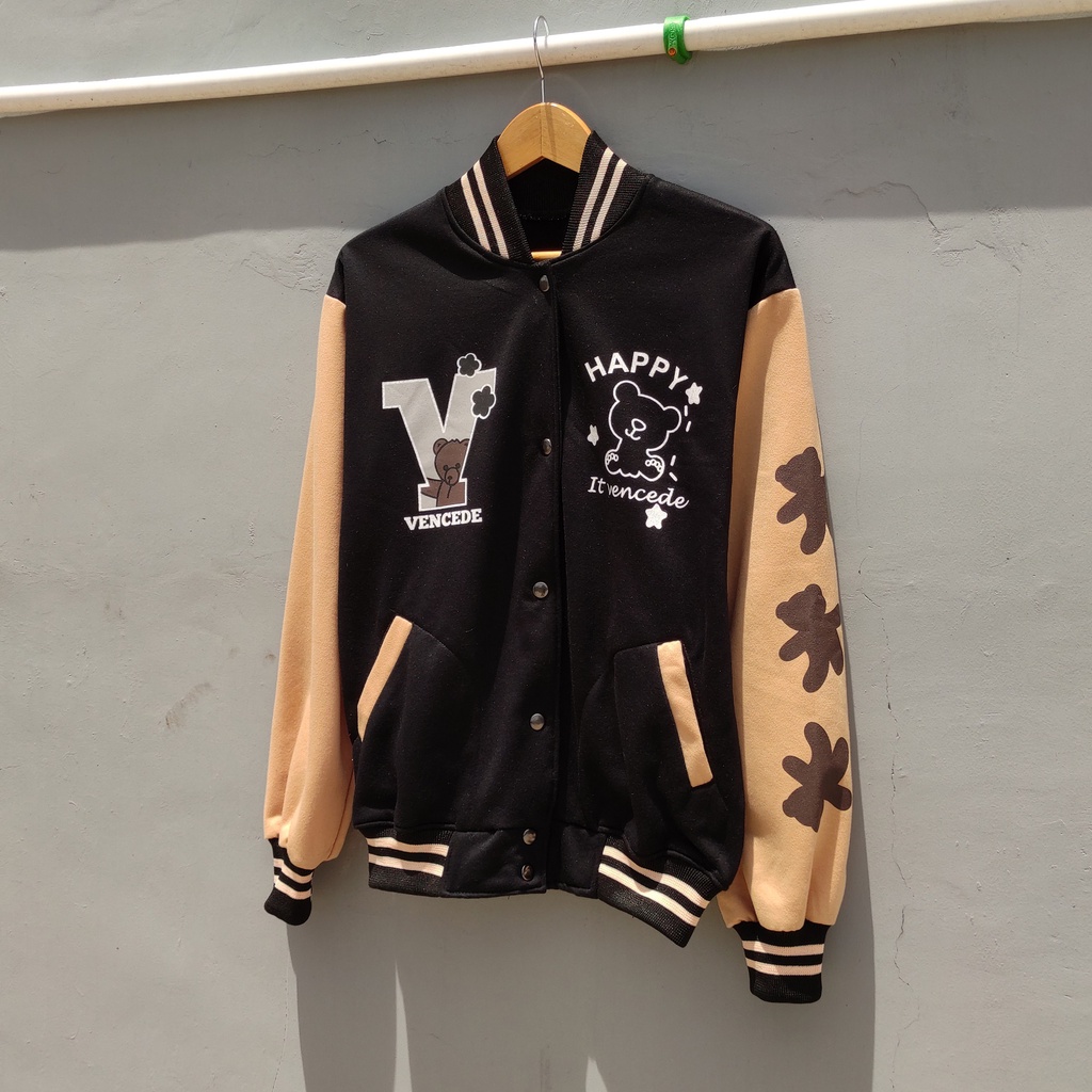 Jacket Baseball Varsity V Bear - Korean Style - Wanita Dan Pria - Bahan Fleece