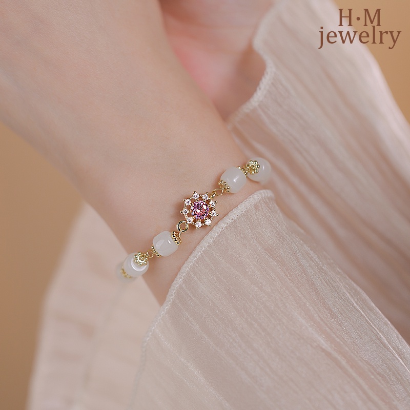 Gelang Tangan Hetian Retro Elegan Hias Zircon AAA Warna Pink Untuk Wanita 2022