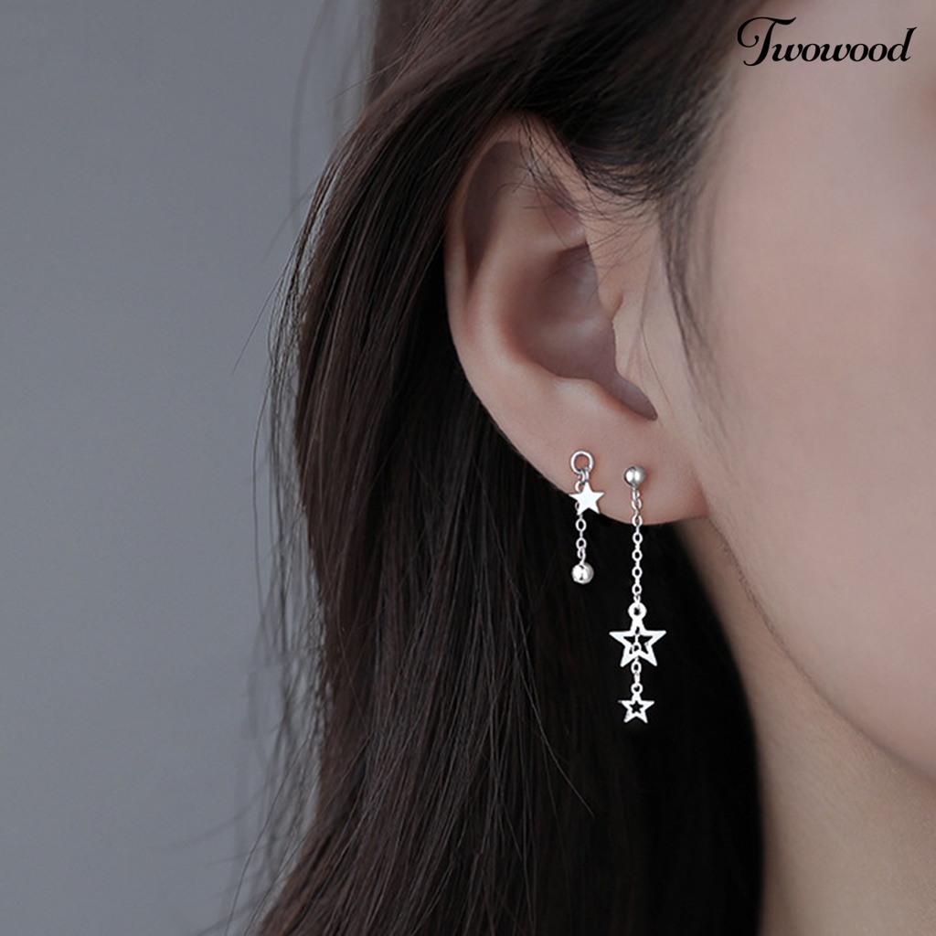 1 Pasang Anting Juntai Bentuk Bintang Asimetris Warna Solid