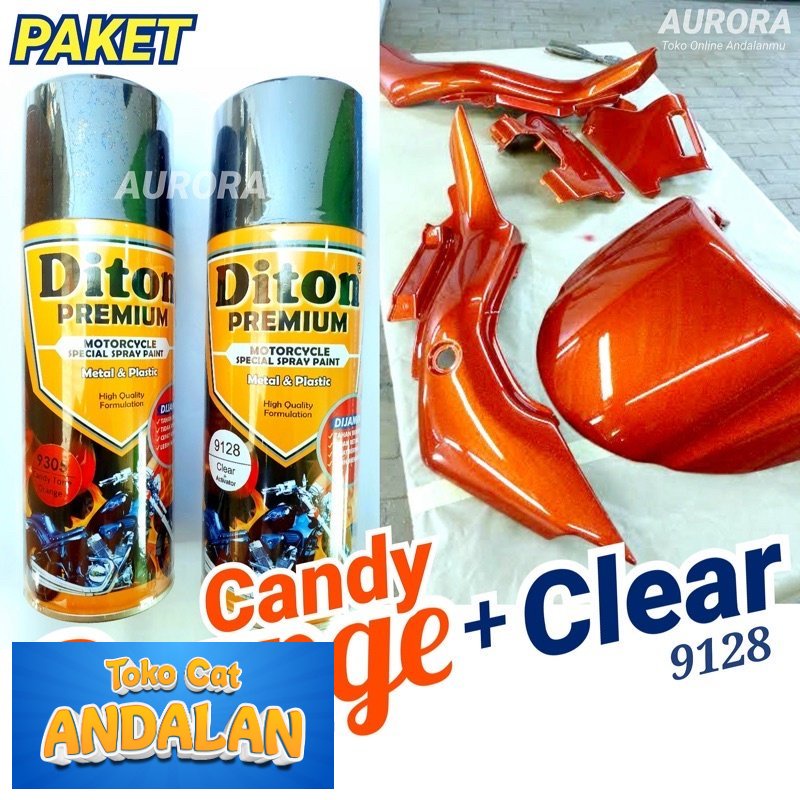 

Toko Cat Andalan - PAKET Diton Premium Candy Tone Orange 9305 + Clear 9128 / Candytone Oranye Kenditon Cat Semprot Pilok Pylox Pilox 400ml Toko Cat Andalan Motor dan Mobil