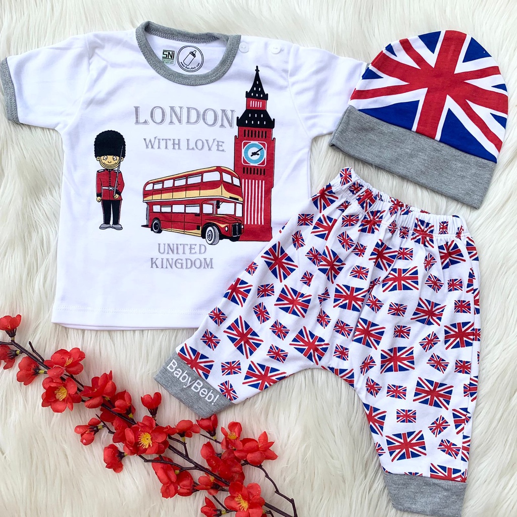 Baju setelan kaos celana topi bayi london casual lucu bestseller fashion anak bayi cowok laki murah