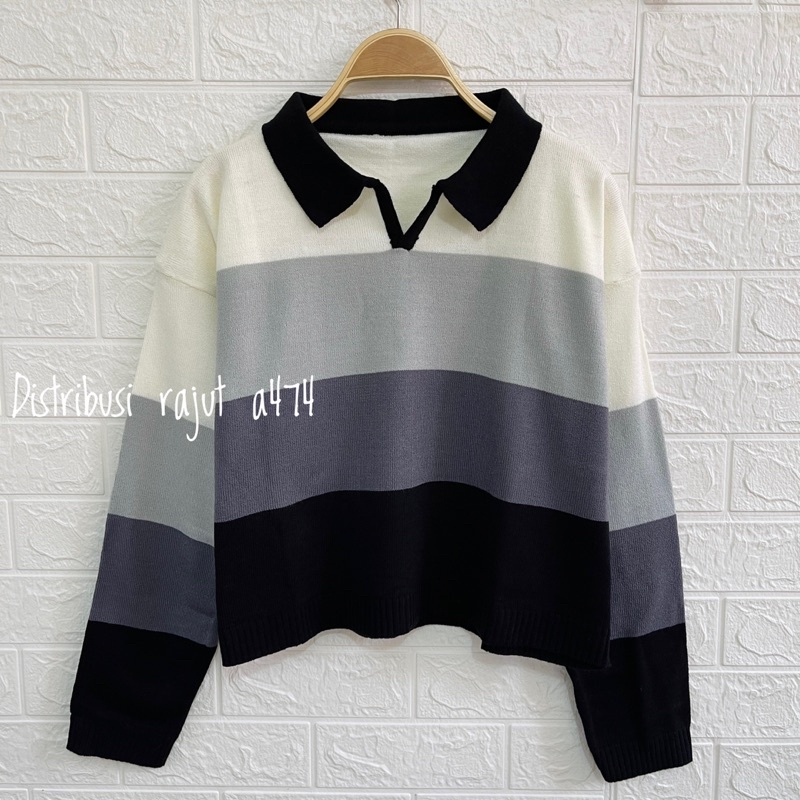 Moana~Atasan rajut berkerah polo//Blouse Wanita Motif Pelangi //sweater rajut korean aesthetic