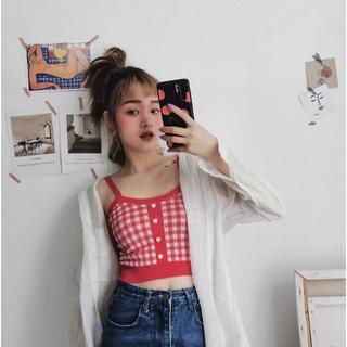 TJM BJ337 TankTop Crop Wanita Motif Kotak - Kotak Korean Square Knit Tanktop Fashion Tanpa Lengan