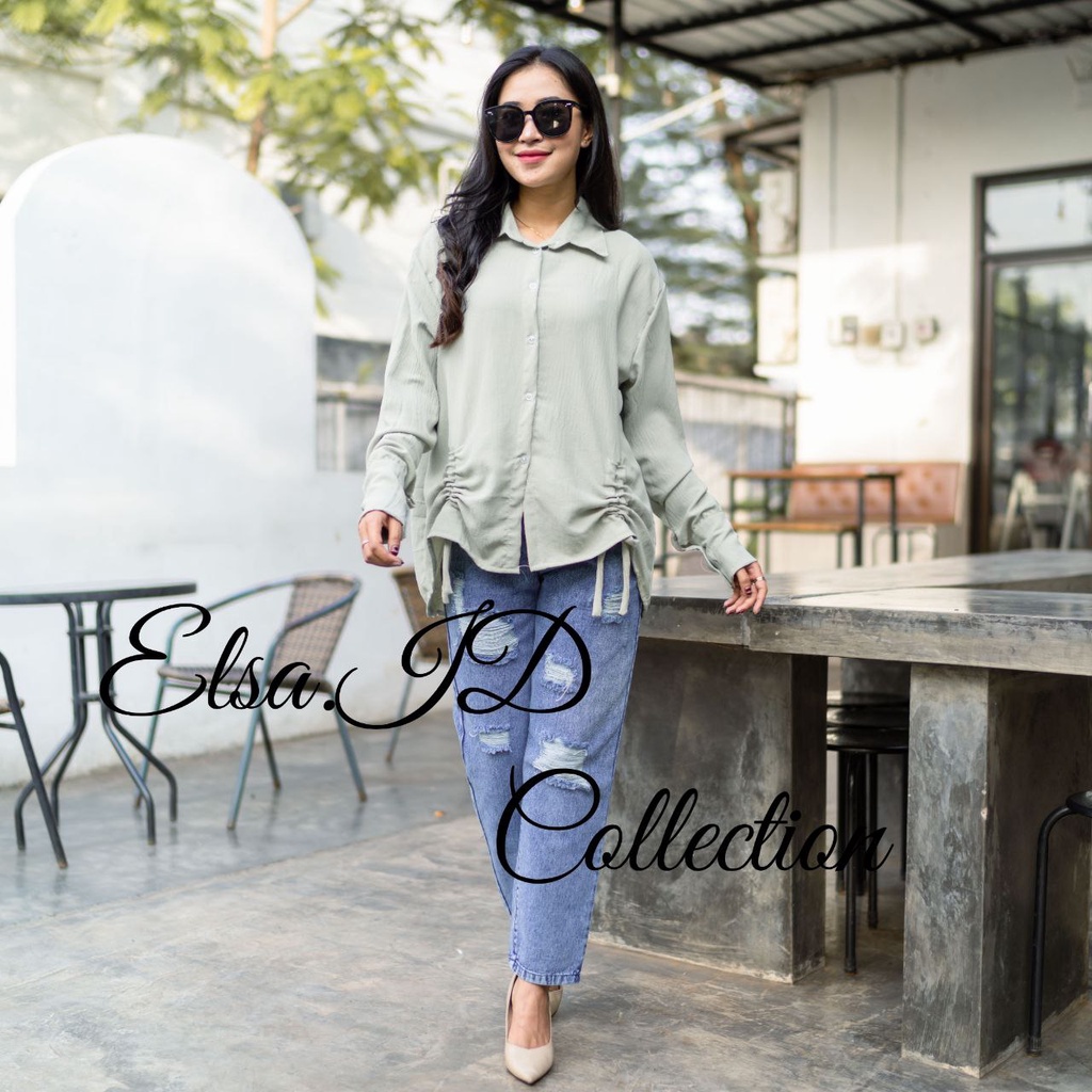 Elsa Ruched Shirt - Kemeja Cringkel Serut Wanita Oversize - Atasan Wanita Lengan Panjang