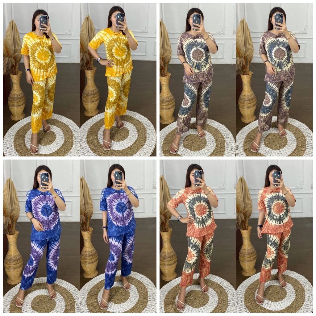 SET WANITA TIE DYE ONE SET KAOS SETELAN CELANA KULOT PANJANG PIYAMA BAJU TIDUR WANITA KEKINIAN