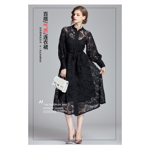 Brocade Lace Dress with Belt Import Premium