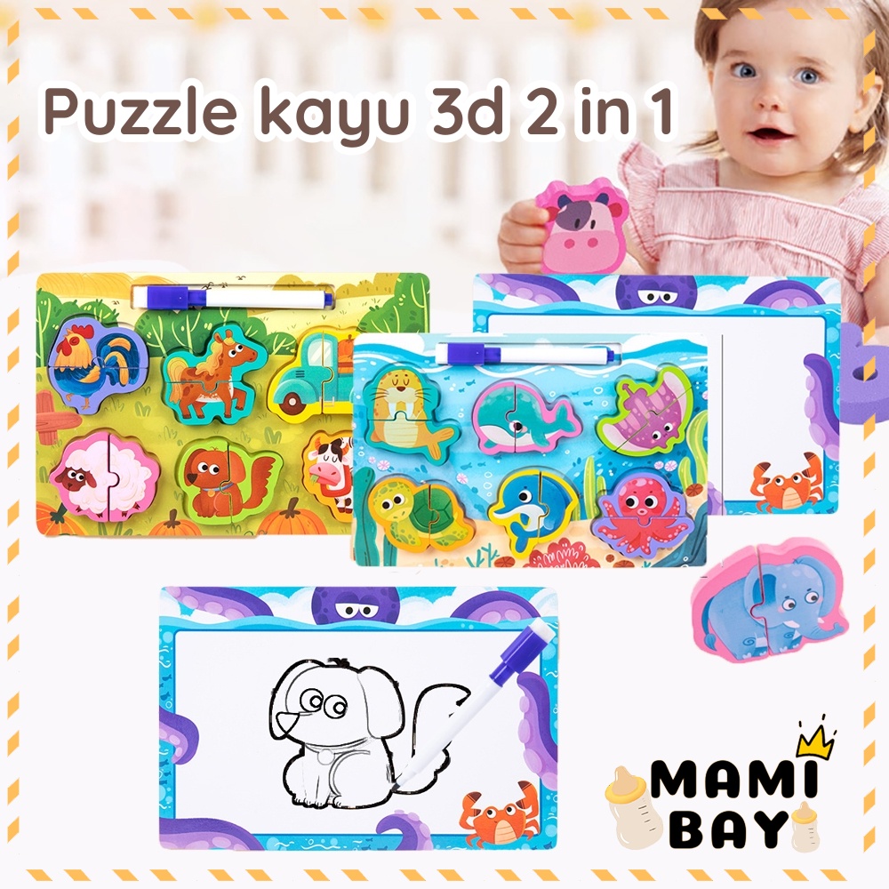 Mamibayi Puzzle kayu 3d Mainan hewan 2 in 1/wooden toys