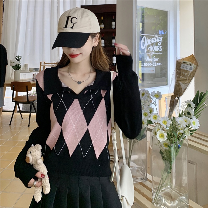 Knitwear wanita/blouse wanita korea/lengan panjang blouse kekinian/kotak wanita