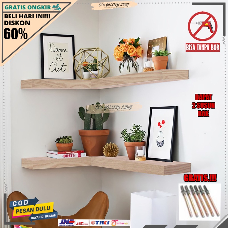 Rak Papan Hambalan Ambalan Hiasan Melayang Gantung Sudut Siku Floating Shelves L Layang Tempat penyimpanan make up Makeup Bumbu Dapur Buku Bunga Dekorasi Dinding Dingding Tembok Tempel Ruang Tamu Kamar Tidur Kayu Susun Minimalis Serbaguna Tanpa Bor Murah