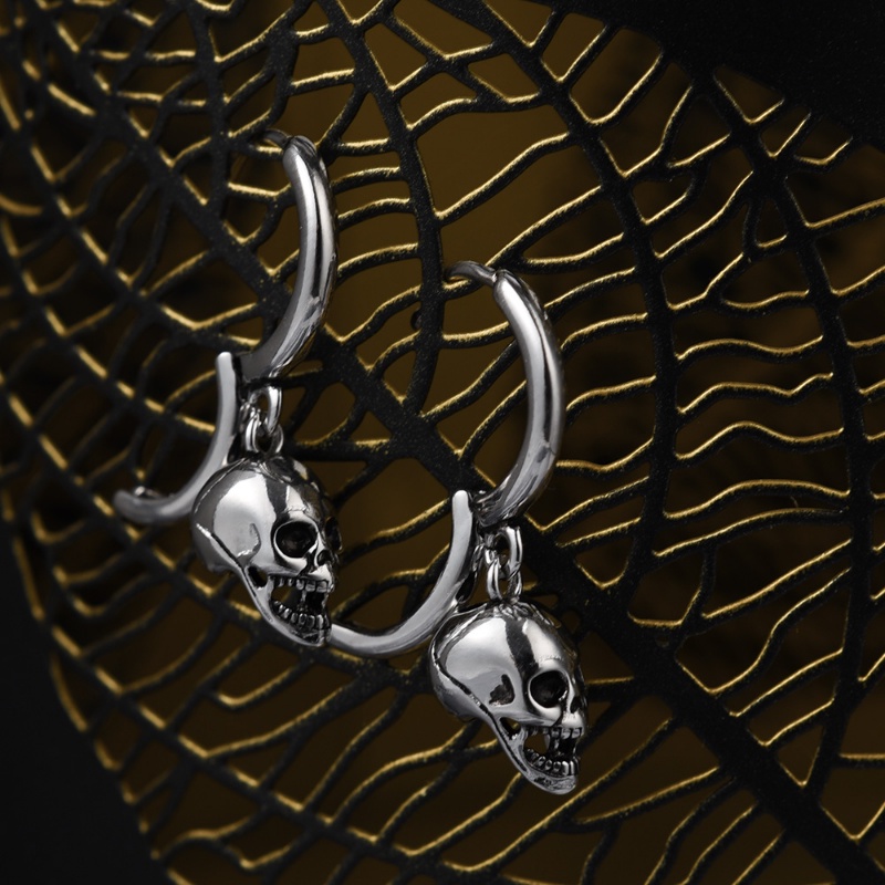 Anting Hoop Bentuk Tengkorak Warna Silver Gaya Vintage Gothic Rock Untuk Pria Dan Wanita