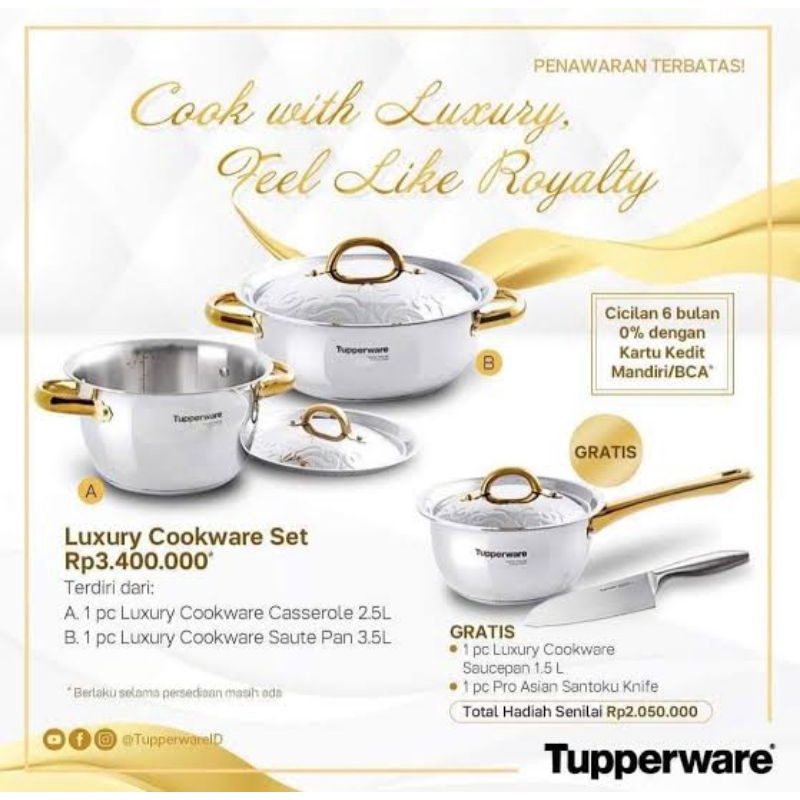 SALE 50% OFF  Tupperware Luxury Cookware Set (3 Pcs) Sauce Pan 1.5L Sauce Pan 3.5L & Casserole 2.5L 