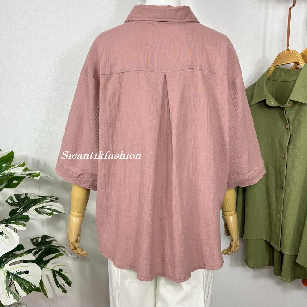 KEMEJA LINEN CRINCLE PREMIUM / BLOUSE WANITA LENGAN 3/4 KEMEJA LINEN CROP