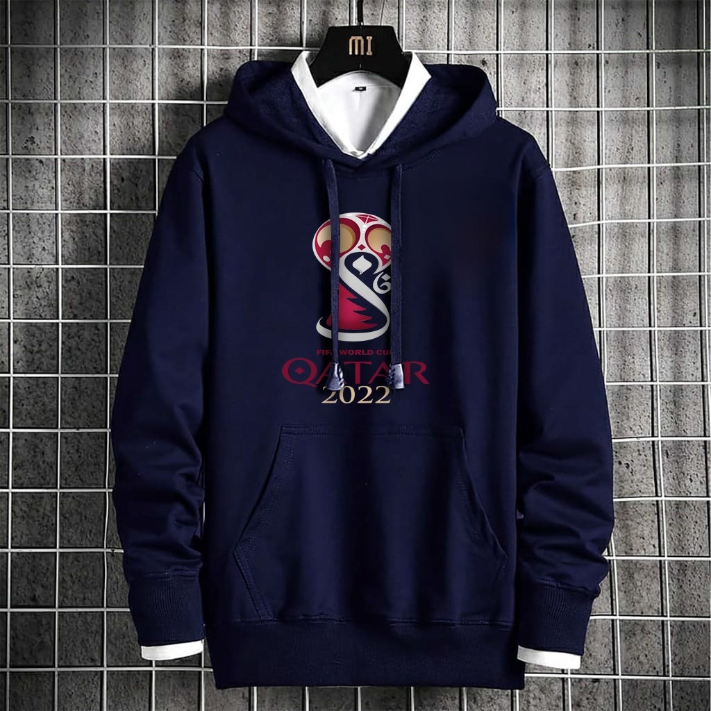 Sweater Jacket Hoodie Kayser Pria QATAR CUP 2022 Motif Print Bahan Fleece Tebal Keren