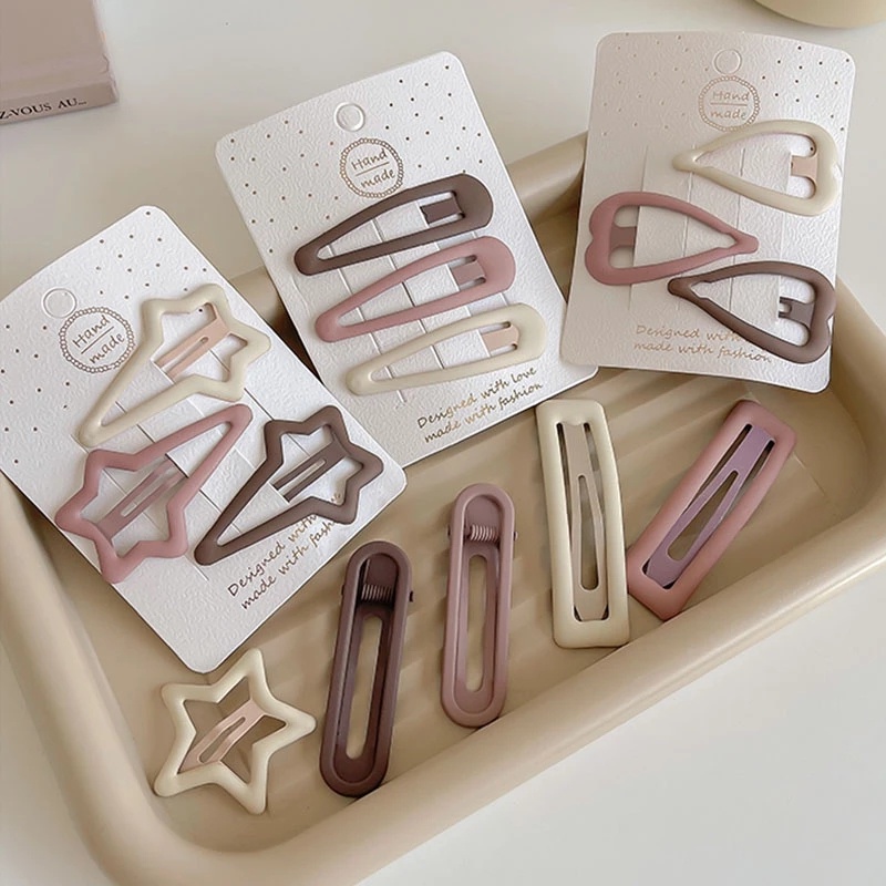 3 Pcs Jepit Rambut Poni Samping Bentuk Bintang Hati Geometris Persegi Oval Warna Solid Untuk Wanita