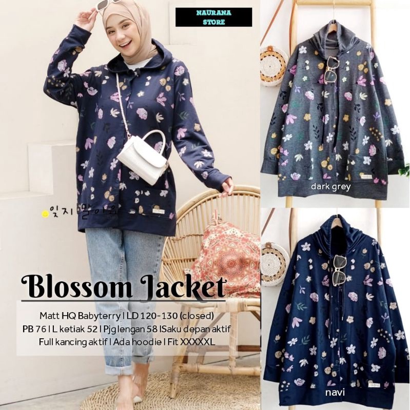 BLOSSOM JACKET BY NAURANA STORE | Jaket Wanita Bahan Babyterry Jumbo LD 120-130 Motif Bunga Kancing 