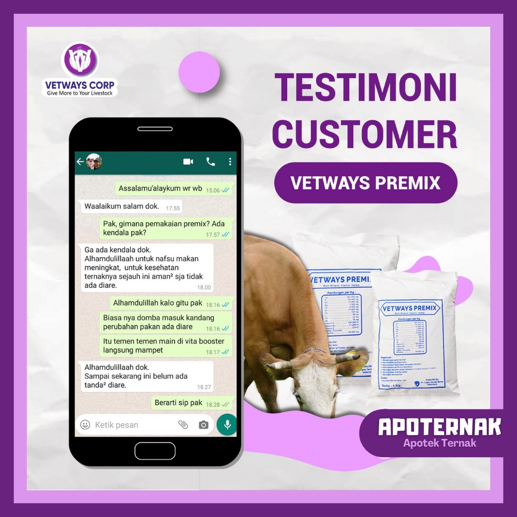 VETWAYS PREMIX | Vitamin Mineral &amp; Herbal Penggemuk Untuk Ternak Sapi Kambing Kerbau Kuda | Apoternak