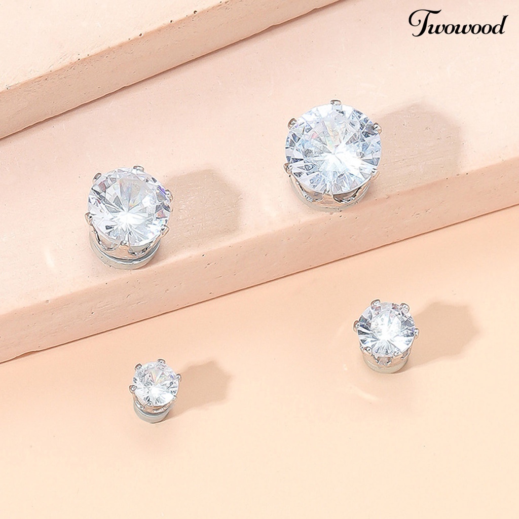 4 Pcs Anting Klip Telinga Bentuk Bulat Bahan Cubic Zirconia Gaya Korea