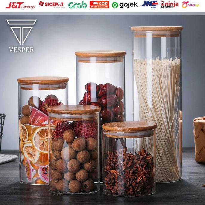 toples kaca makanan tutup bambu / glass storage jar tank bamboo lid